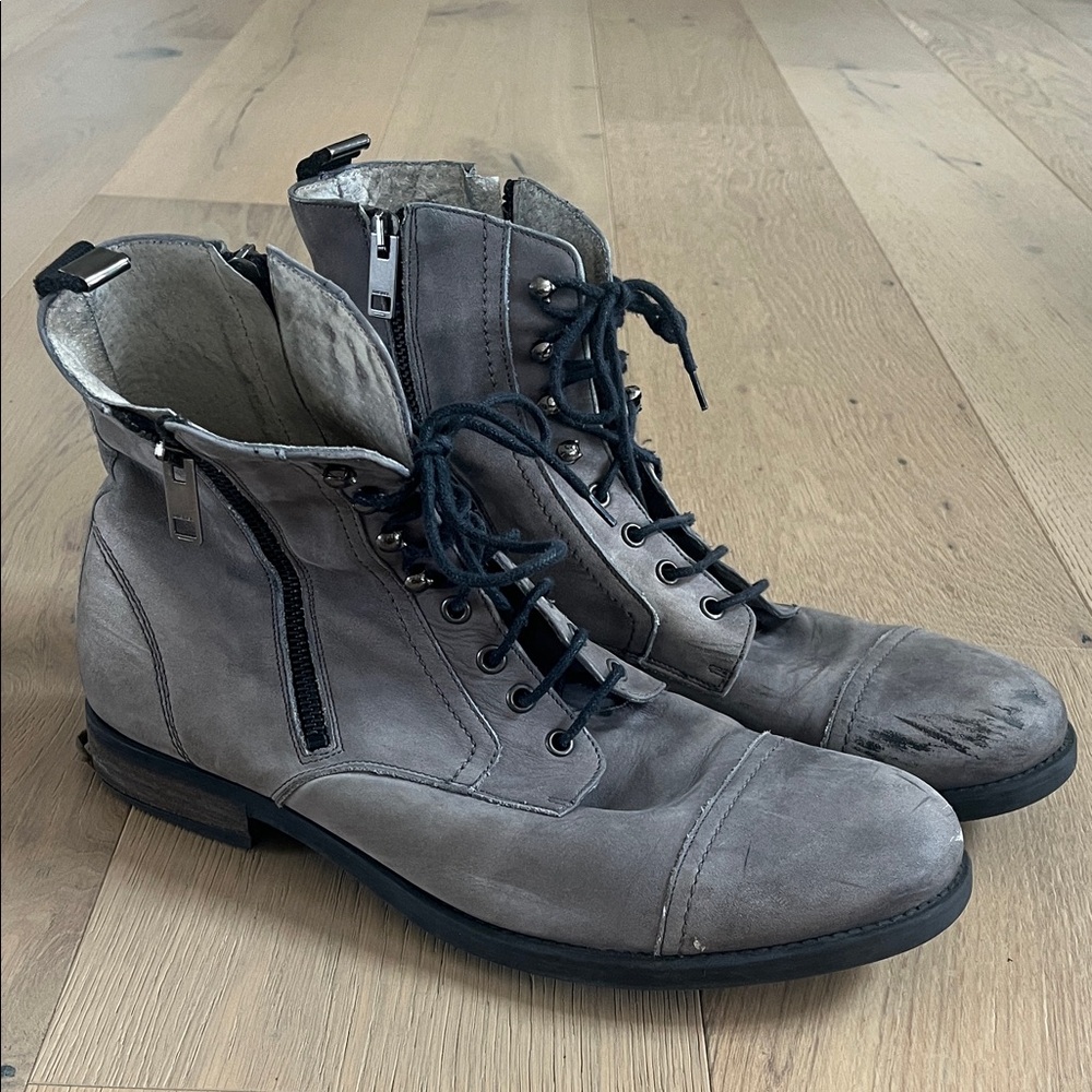 John Varvatos Gray Leather Lace-Up Combat Boots with Dual Zippers